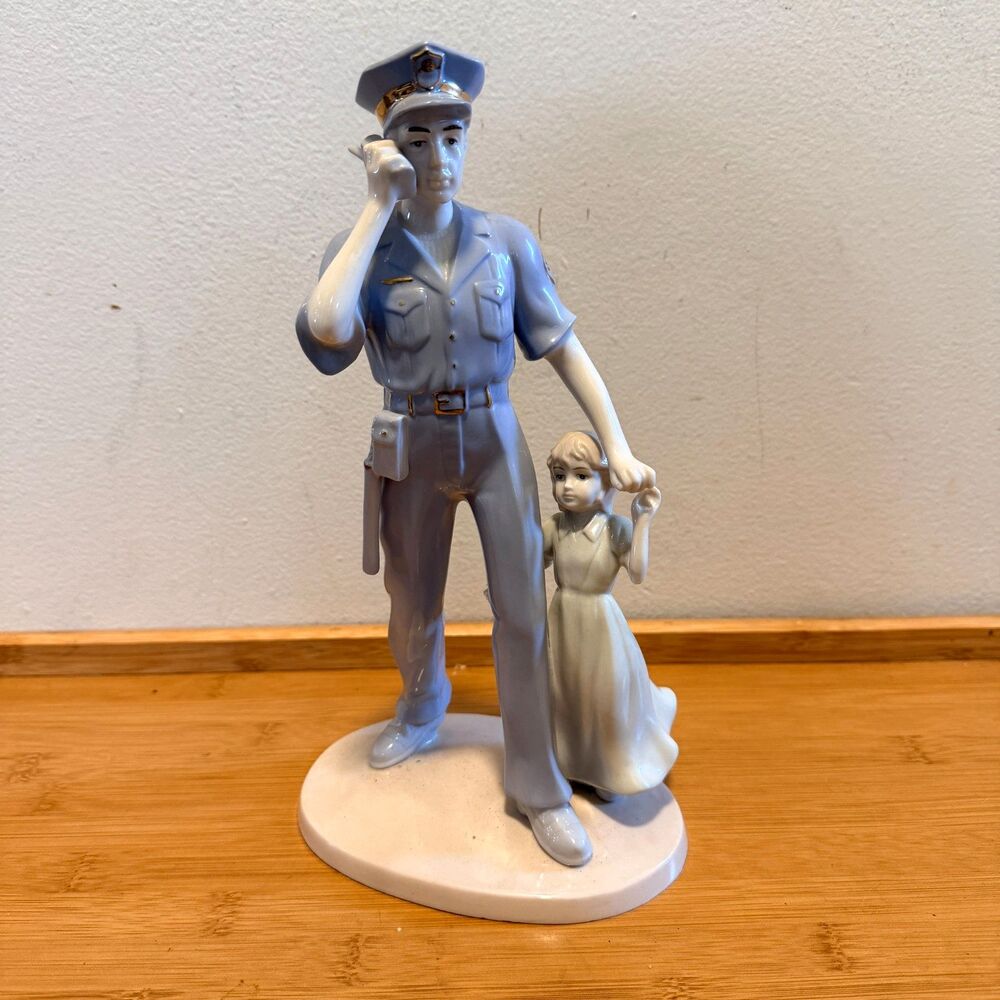 11" Porcelain Police Officer & Girl Figurine Blue Gold Law Enforcement Decor
